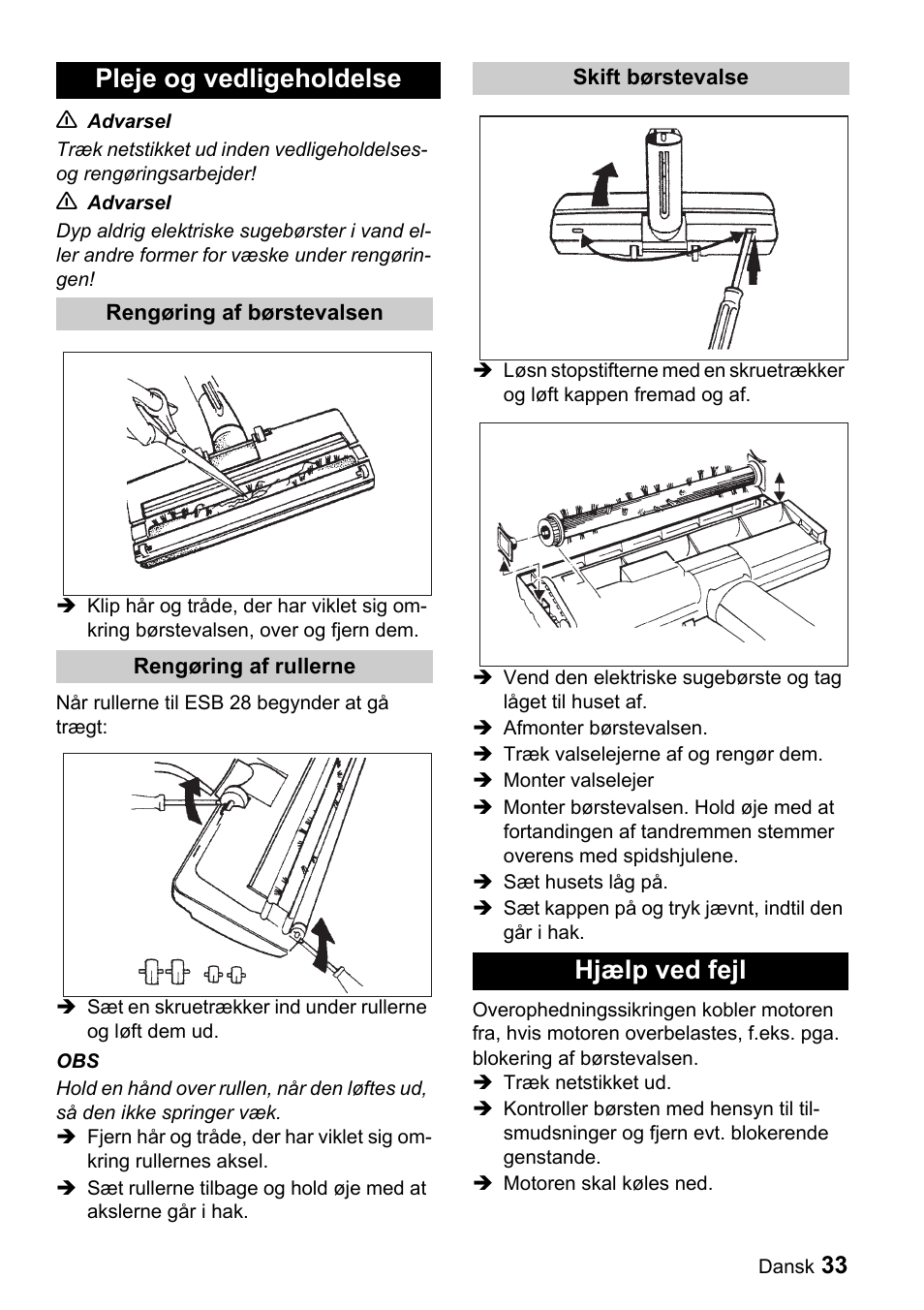 Pleje og vedligeholdelse, Hjælp ved fejl | Karcher T 9-1 Bp User Manual | Page 33 / 112