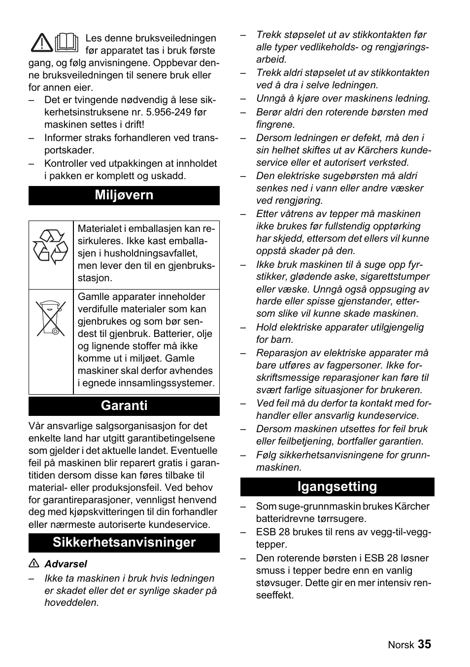 Miljøvern, Garanti sikkerhetsanvisninger igangsetting | Karcher T 9-1 Bp User Manual | Page 35 / 112