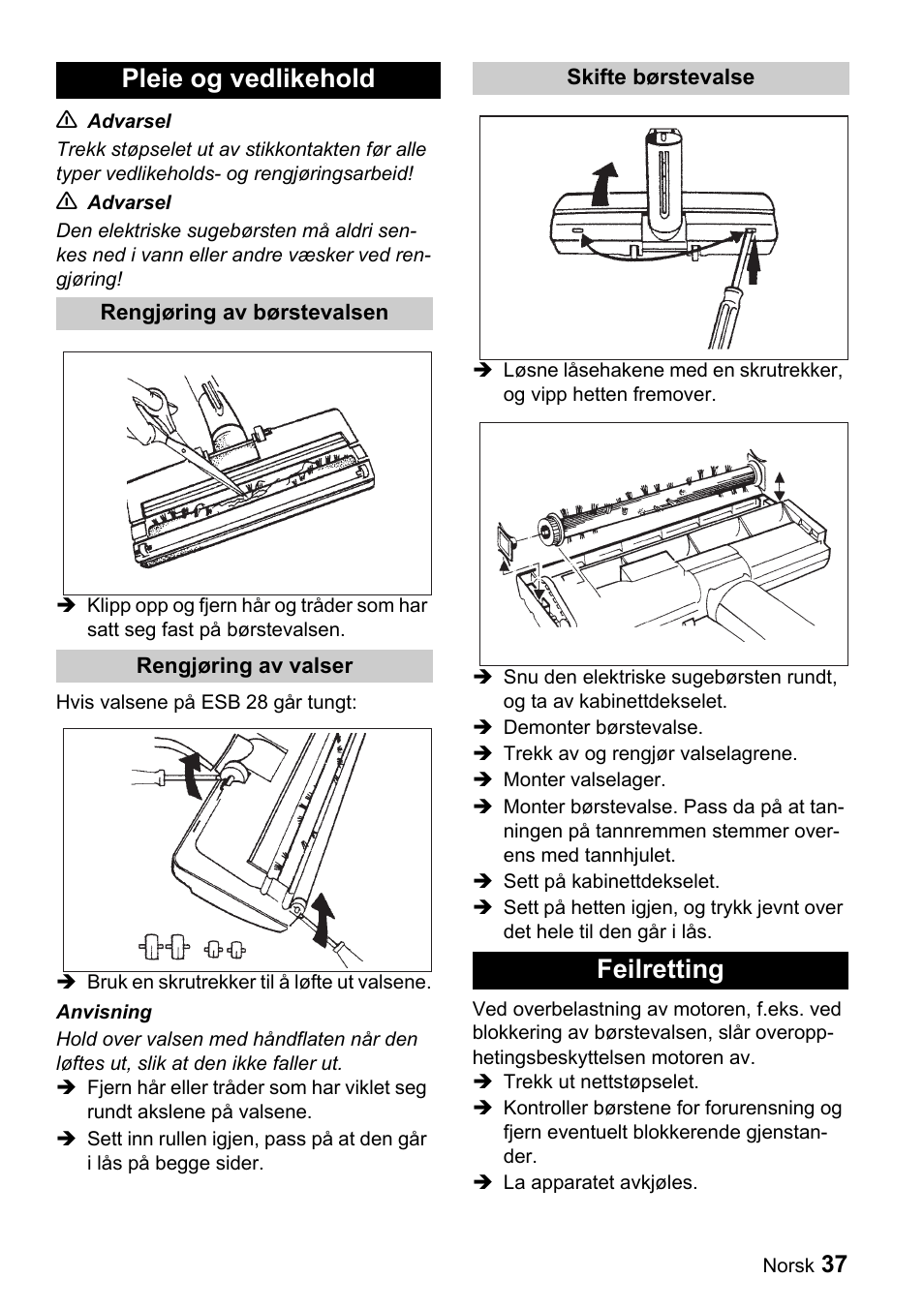 Pleie og vedlikehold, Feilretting | Karcher T 9-1 Bp User Manual | Page 37 / 112