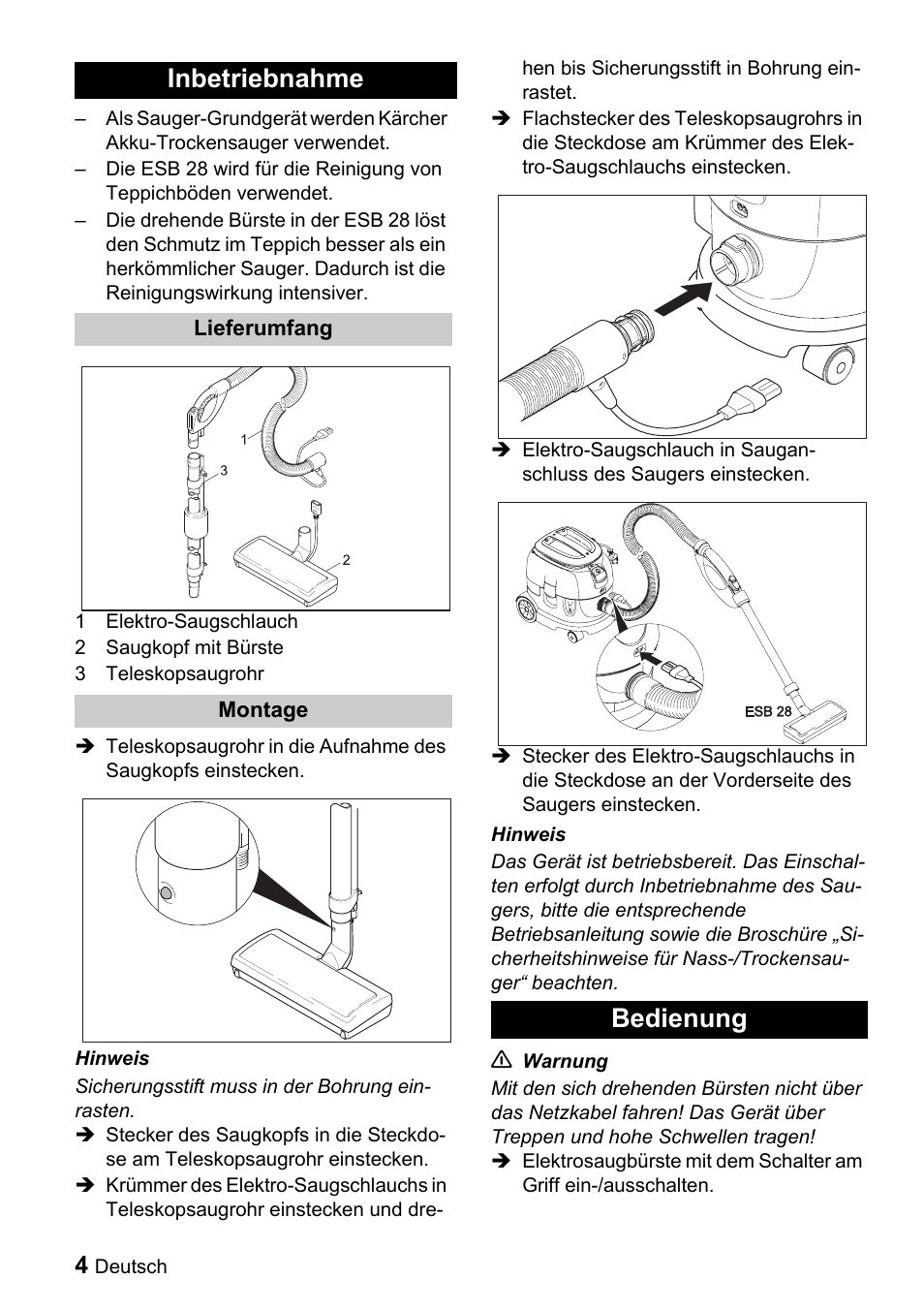 Inbetriebnahme, Bedienung | Karcher T 9-1 Bp User Manual | Page 4 / 112