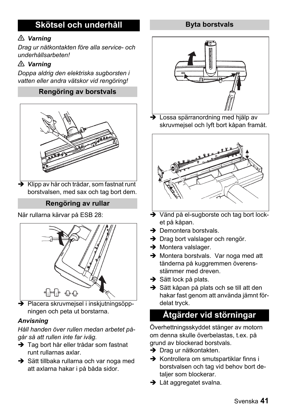 Skötsel och underhåll, Åtgärder vid störningar | Karcher T 9-1 Bp User Manual | Page 41 / 112