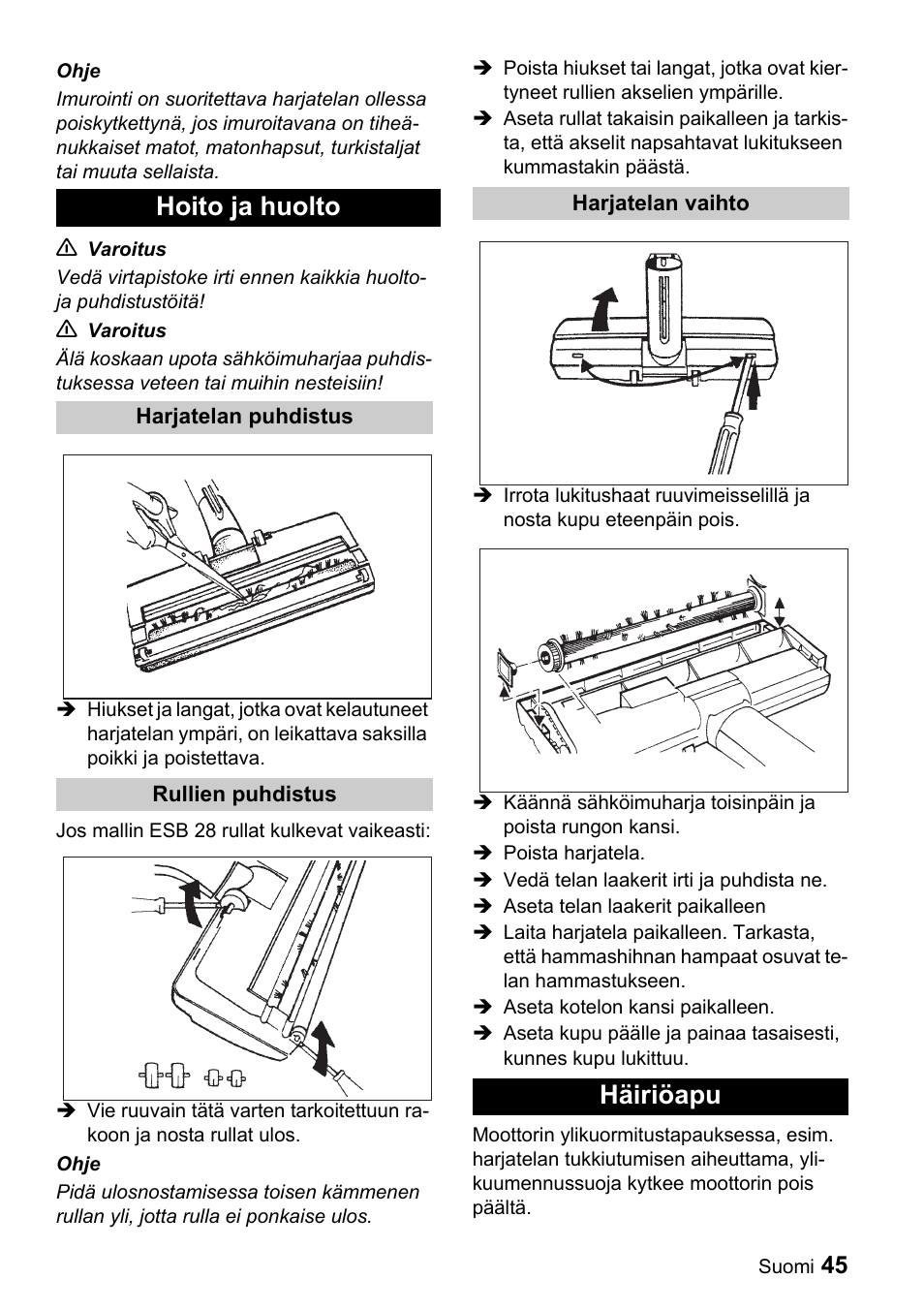 Hoito ja huolto, Häiriöapu | Karcher T 9-1 Bp User Manual | Page 45 / 112