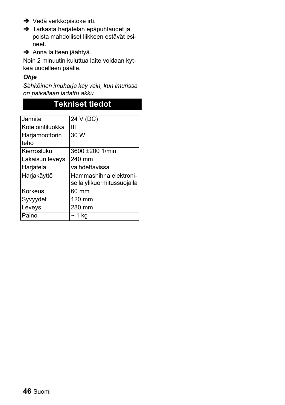 Tekniset tiedot | Karcher T 9-1 Bp User Manual | Page 46 / 112