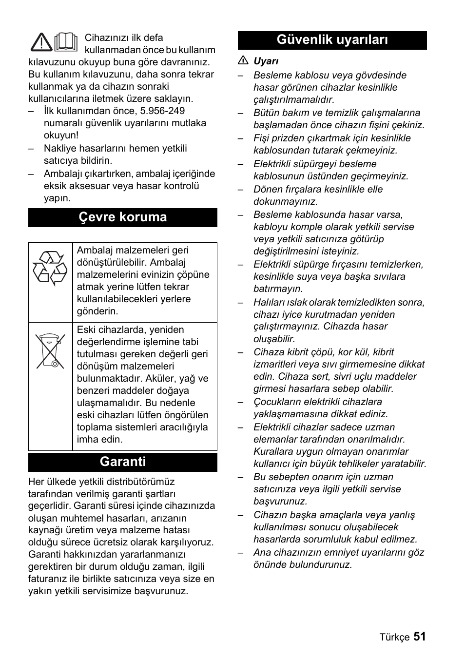 Çevre koruma, Garanti güvenlik uyarıları | Karcher T 9-1 Bp User Manual | Page 51 / 112