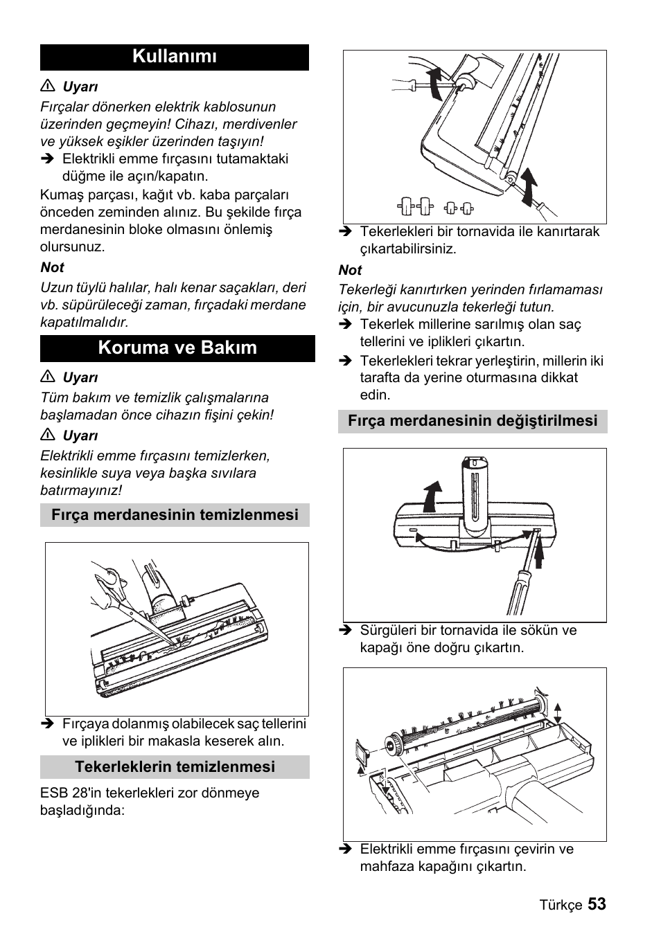 Kullanımı koruma ve bakım | Karcher T 9-1 Bp User Manual | Page 53 / 112