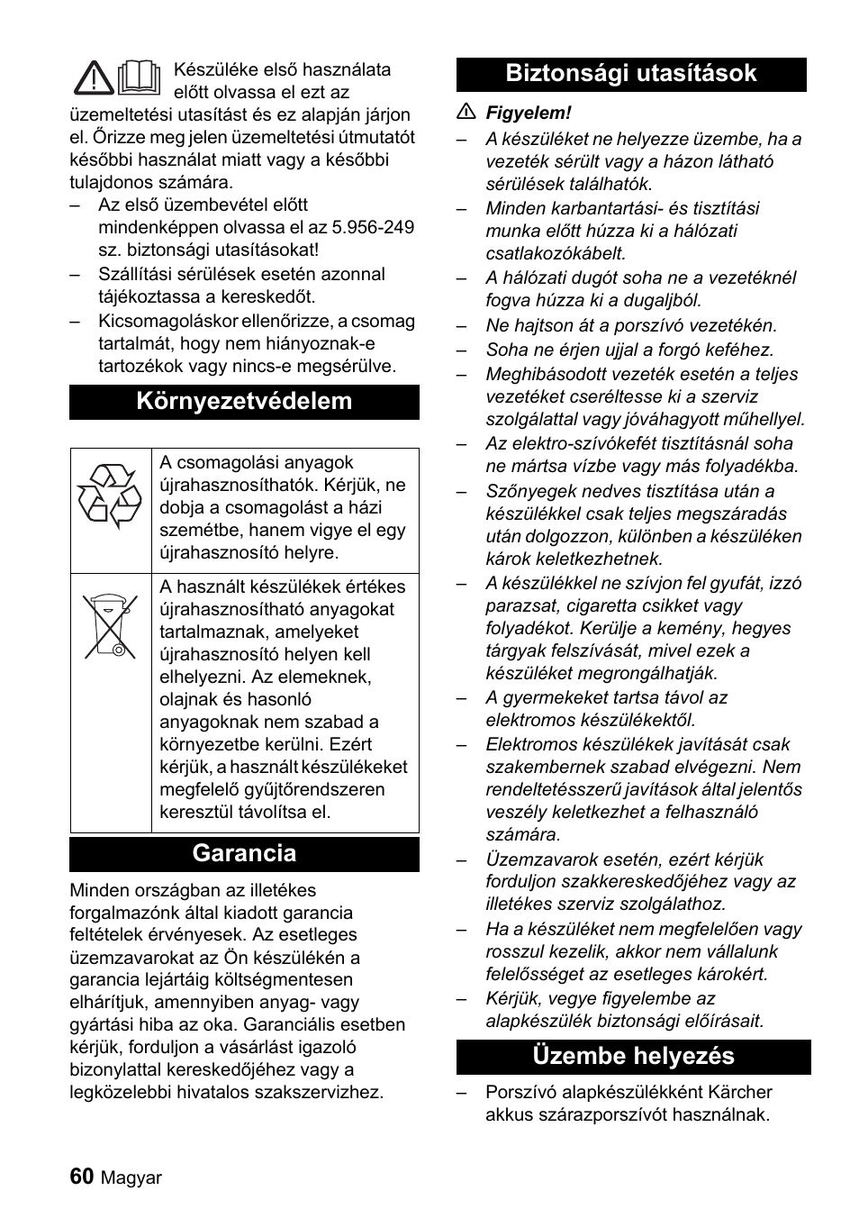 Környezetvédelem, Garancia biztonsági utasítások üzembe helyezés | Karcher T 9-1 Bp User Manual | Page 60 / 112