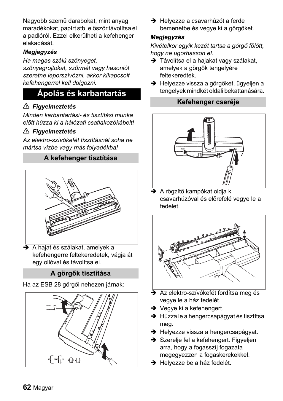 Ápolás és karbantartás | Karcher T 9-1 Bp User Manual | Page 62 / 112