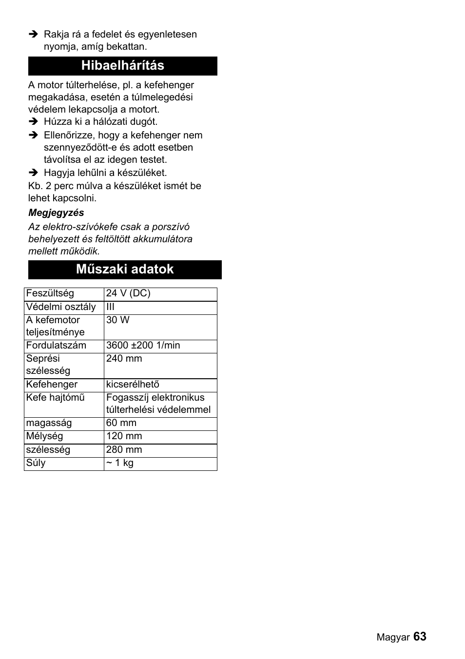 Hibaelhárítás műszaki adatok | Karcher T 9-1 Bp User Manual | Page 63 / 112