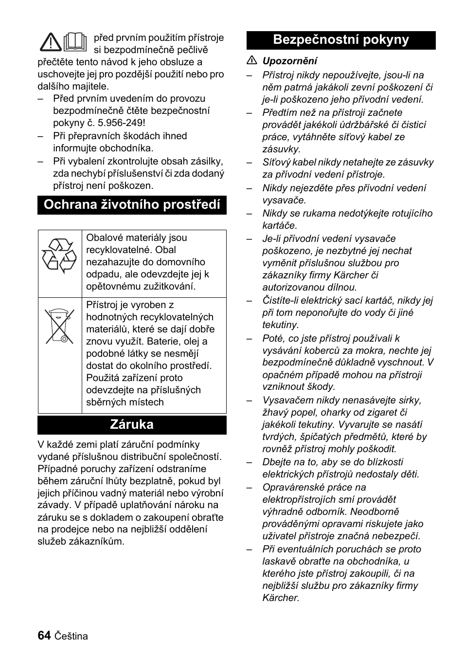 Ochrana životního prostředí, Záruka bezpečnostní pokyny | Karcher T 9-1 Bp User Manual | Page 64 / 112