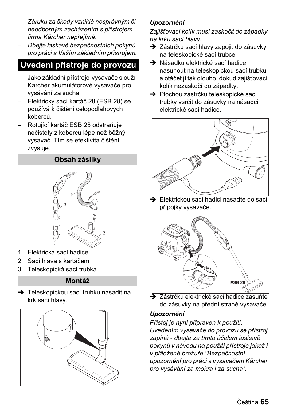 Uvedení přístroje do provozu | Karcher T 9-1 Bp User Manual | Page 65 / 112