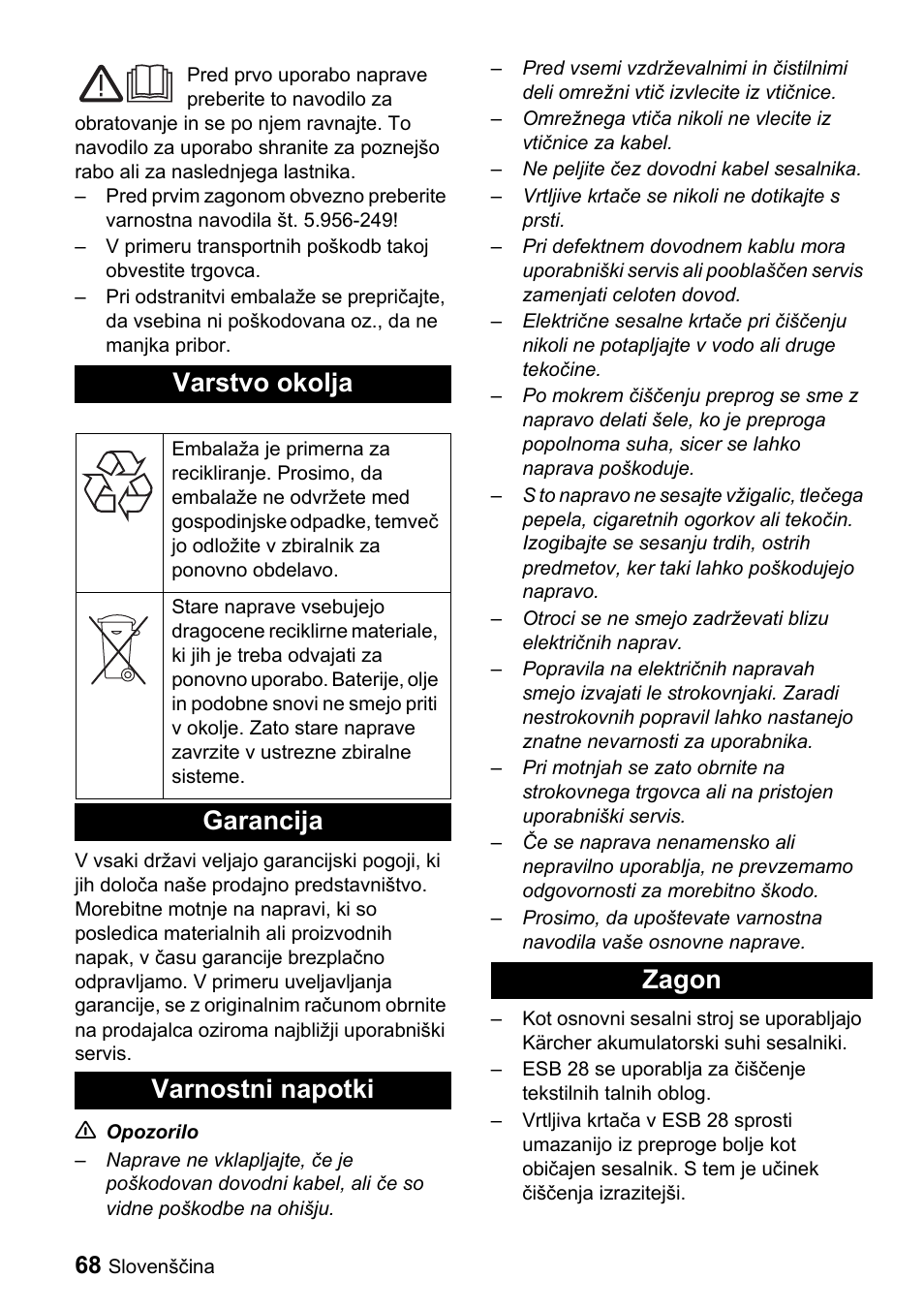 Varstvo okolja, Garancija varnostni napotki zagon | Karcher T 9-1 Bp User Manual | Page 68 / 112