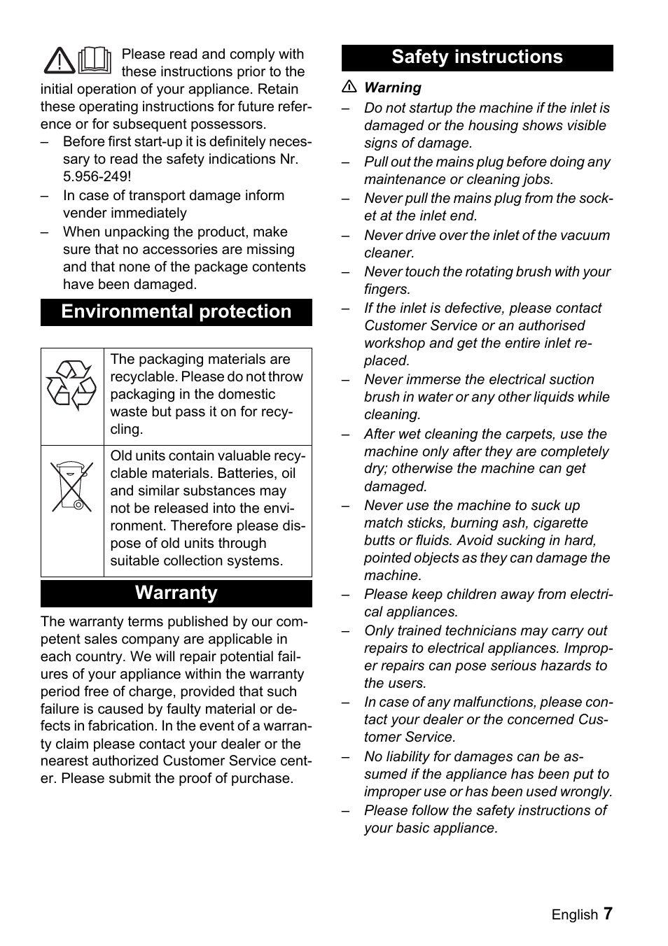 Environmental protection, Warranty safety instructions | Karcher T 9-1 Bp User Manual | Page 7 / 112