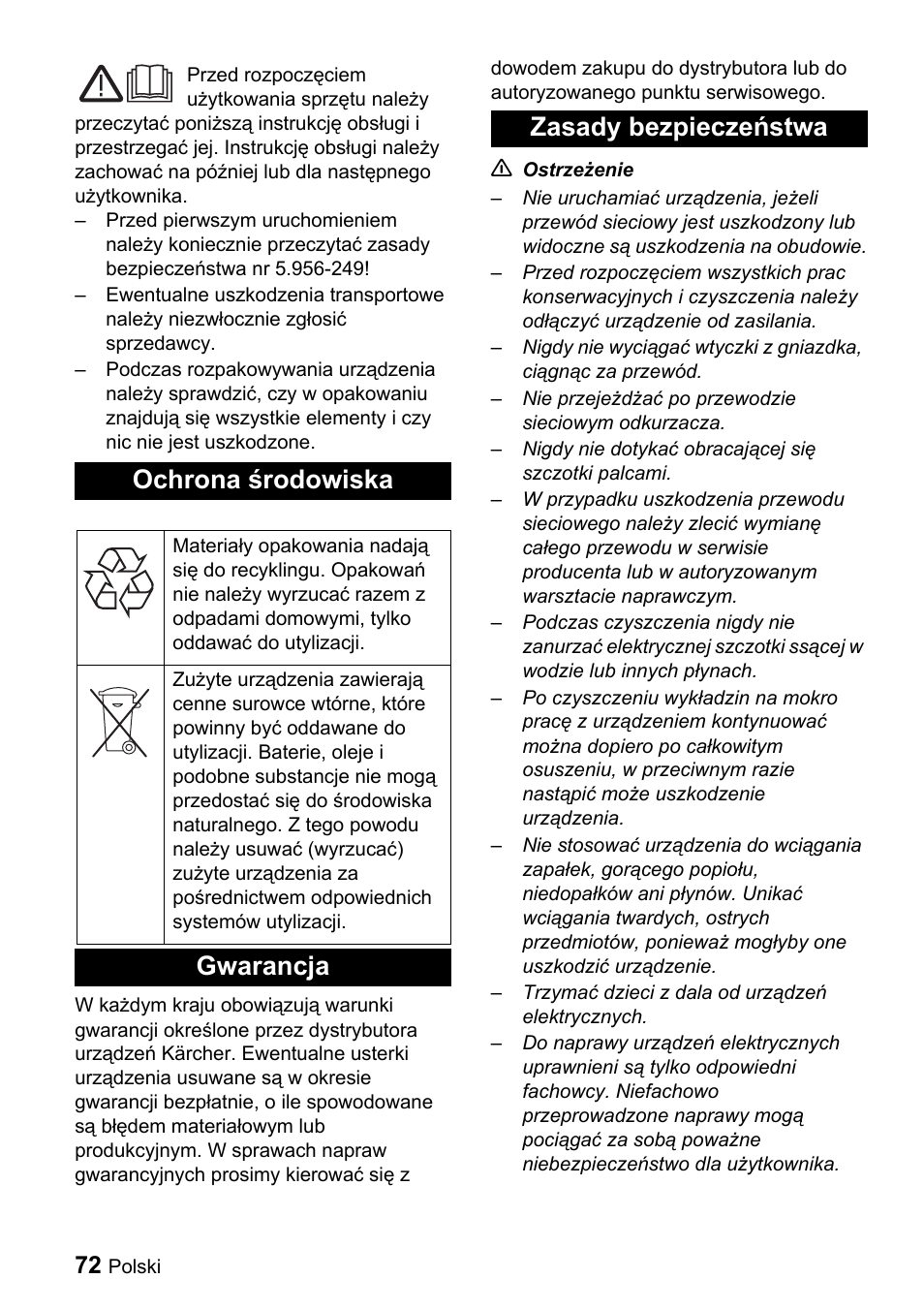 Ochrona środowiska, Gwarancja zasady bezpieczeństwa | Karcher T 9-1 Bp User Manual | Page 72 / 112