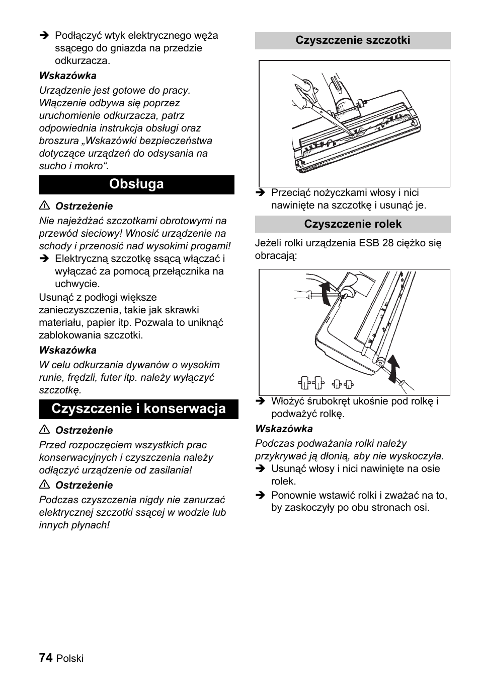 Obsługa czyszczenie i konserwacja | Karcher T 9-1 Bp User Manual | Page 74 / 112