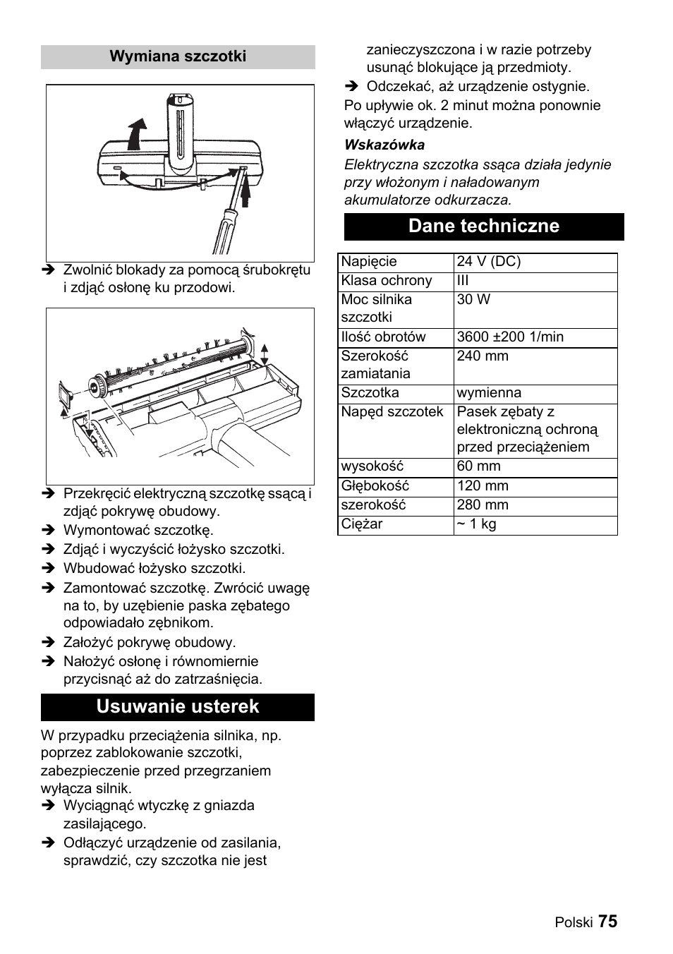 Usuwanie usterek dane techniczne | Karcher T 9-1 Bp User Manual | Page 75 / 112