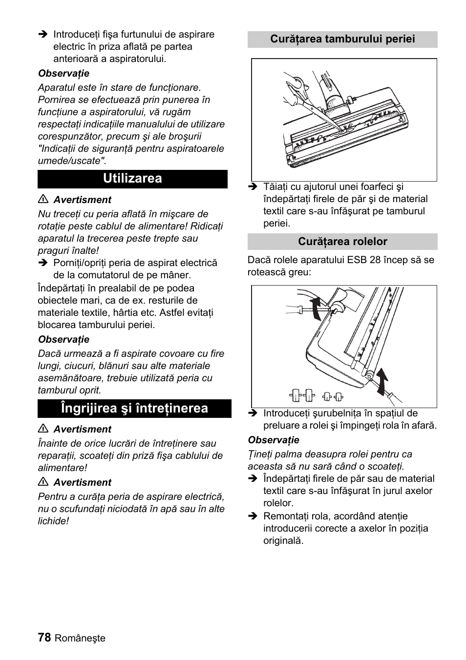 Utilizarea îngrijirea şi întreţinerea | Karcher T 9-1 Bp User Manual | Page 78 / 112