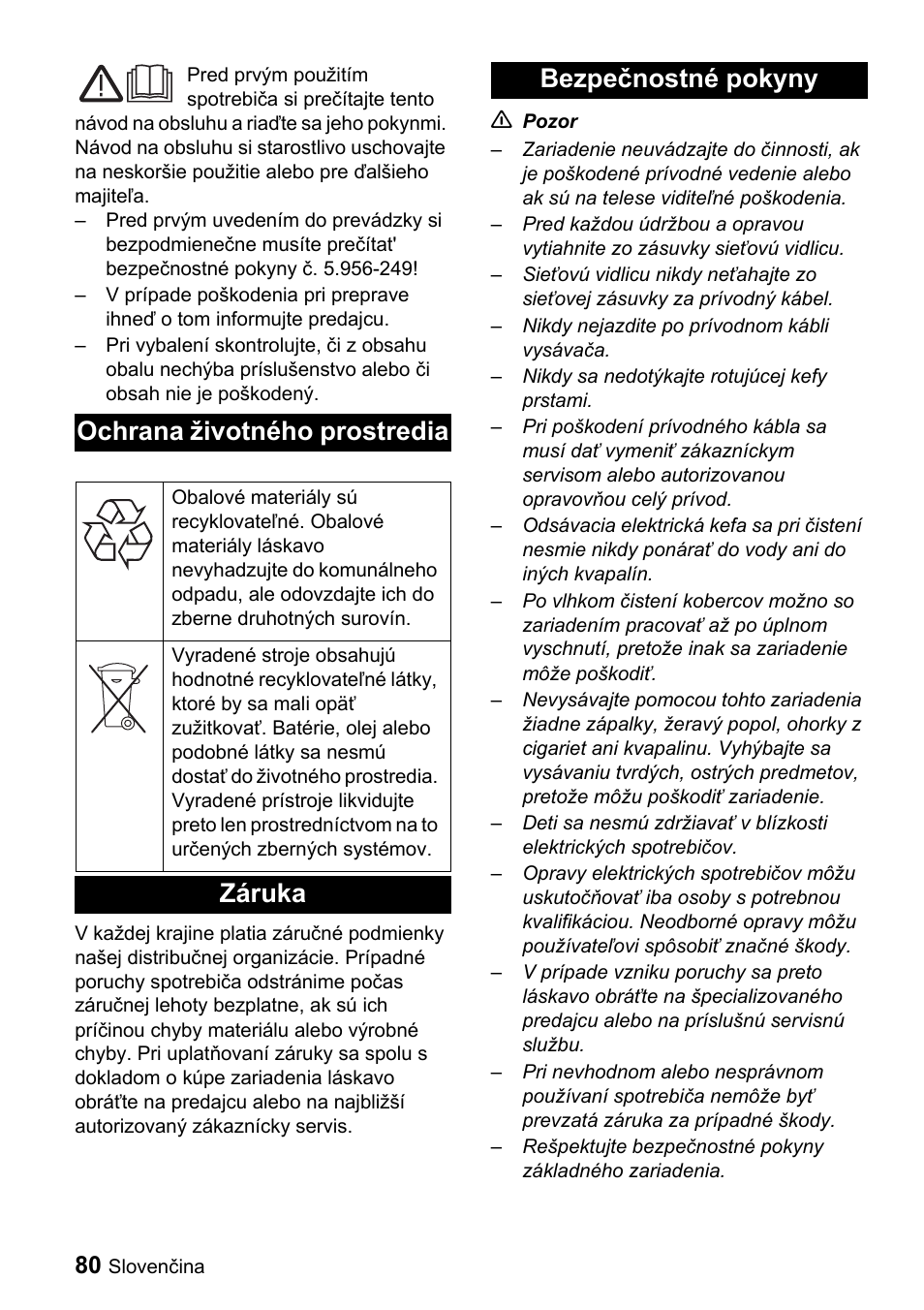 Ochrana životného prostredia, Záruka bezpečnostné pokyny | Karcher T 9-1 Bp User Manual | Page 80 / 112