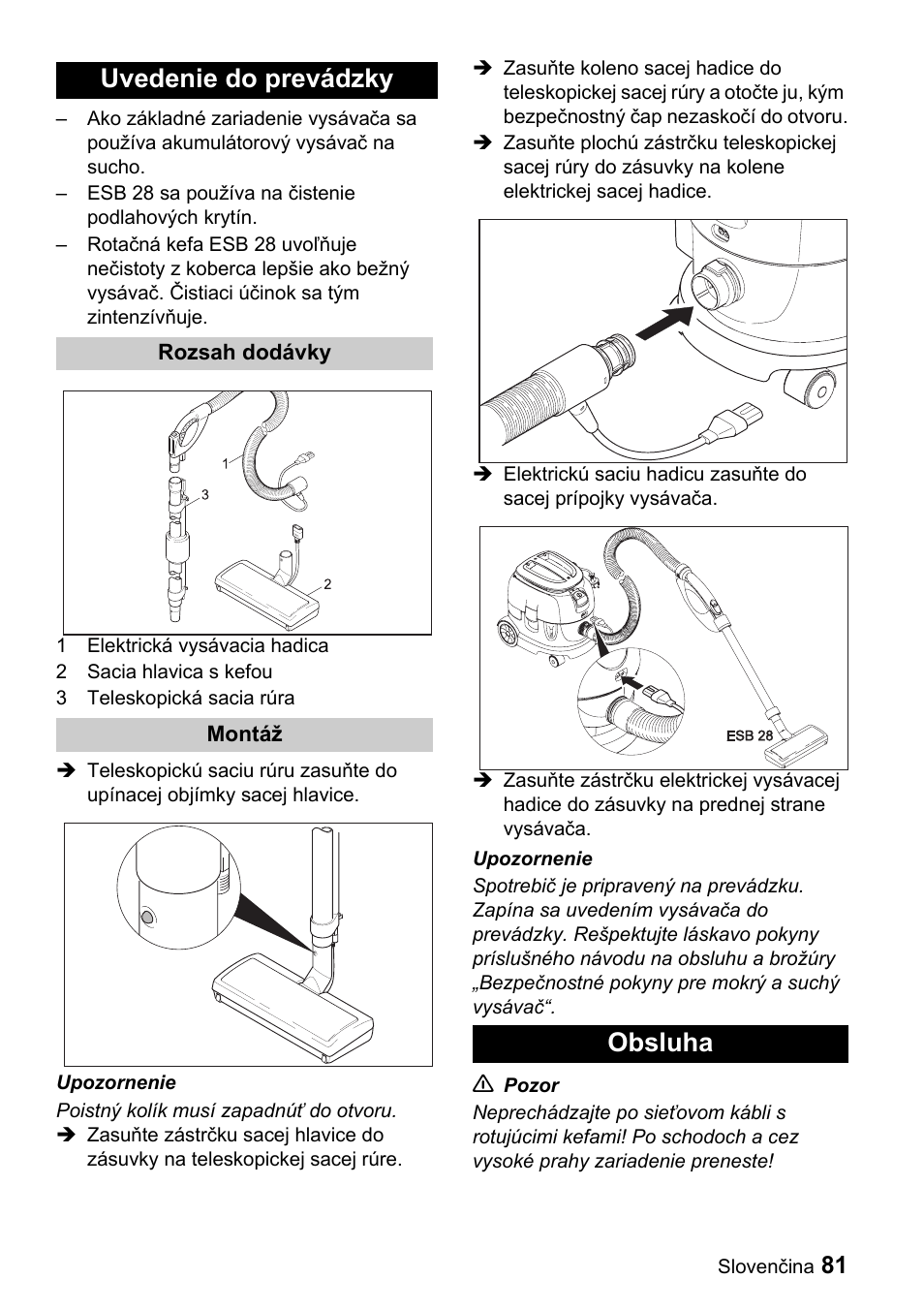 Uvedenie do prevádzky, Obsluha | Karcher T 9-1 Bp User Manual | Page 81 / 112