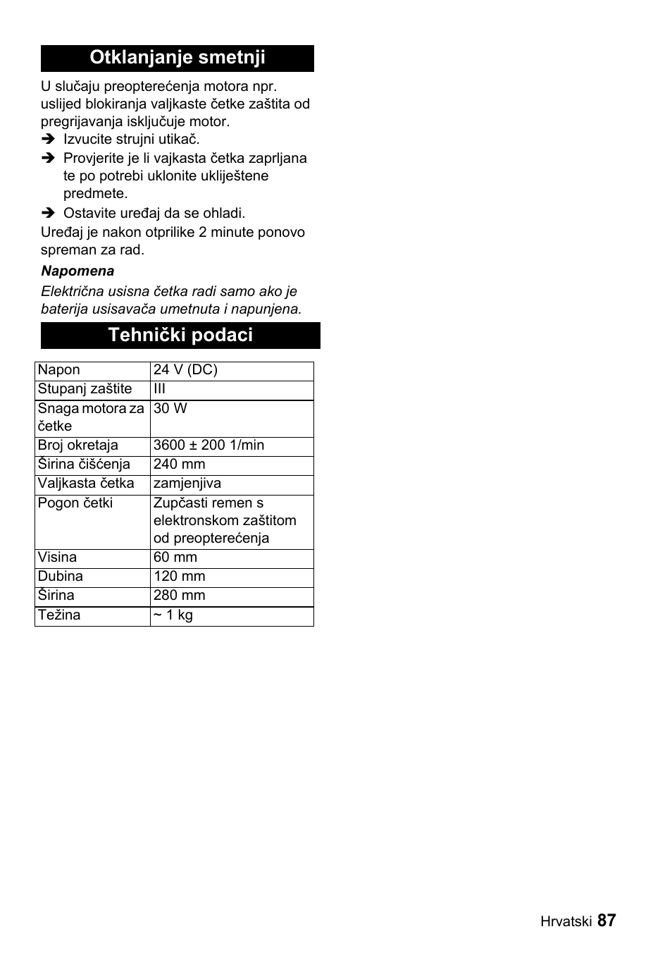 Otklanjanje smetnji tehnički podaci | Karcher T 9-1 Bp User Manual | Page 87 / 112