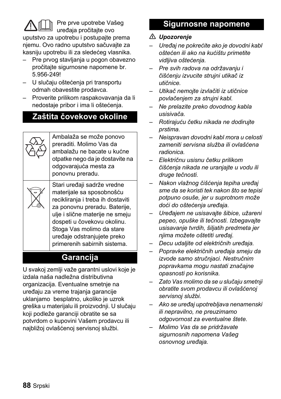 Zaštita čovekove okoline, Garancija sigurnosne napomene | Karcher T 9-1 Bp User Manual | Page 88 / 112