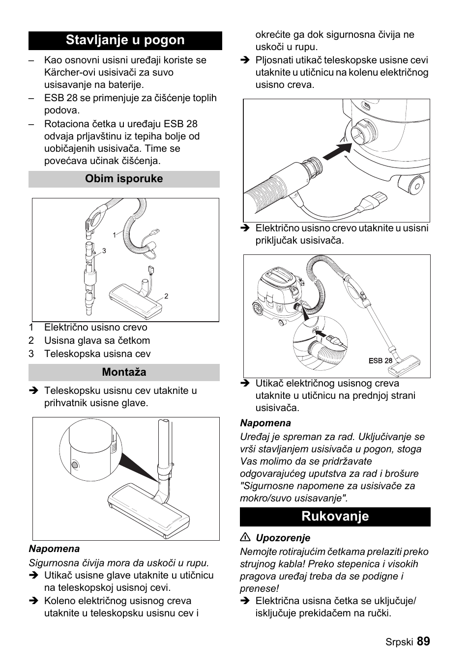 Stavljanje u pogon, Rukovanje | Karcher T 9-1 Bp User Manual | Page 89 / 112