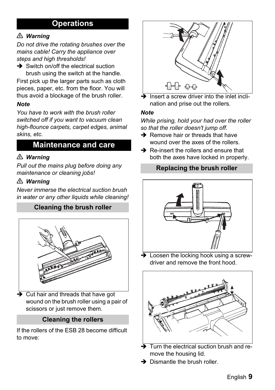Operations maintenance and care | Karcher T 9-1 Bp User Manual | Page 9 / 112