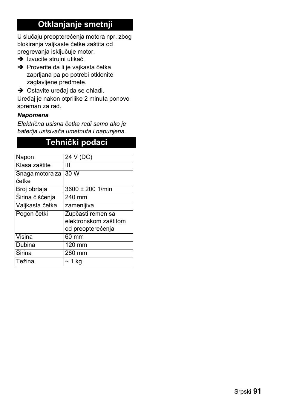 Otklanjanje smetnji tehnički podaci | Karcher T 9-1 Bp User Manual | Page 91 / 112