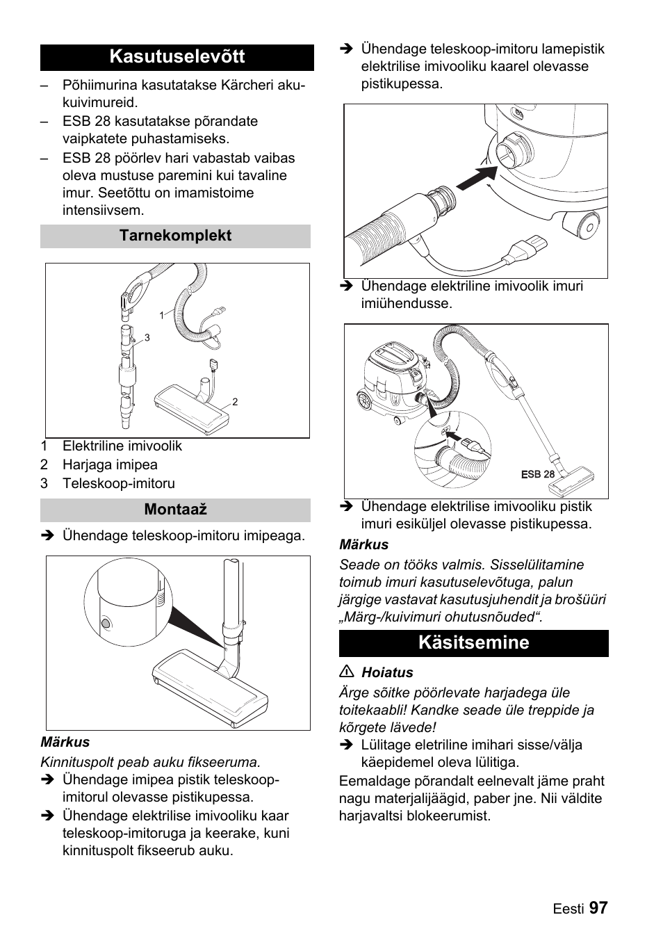 Kasutuselevõtt, Käsitsemine | Karcher T 9-1 Bp User Manual | Page 97 / 112