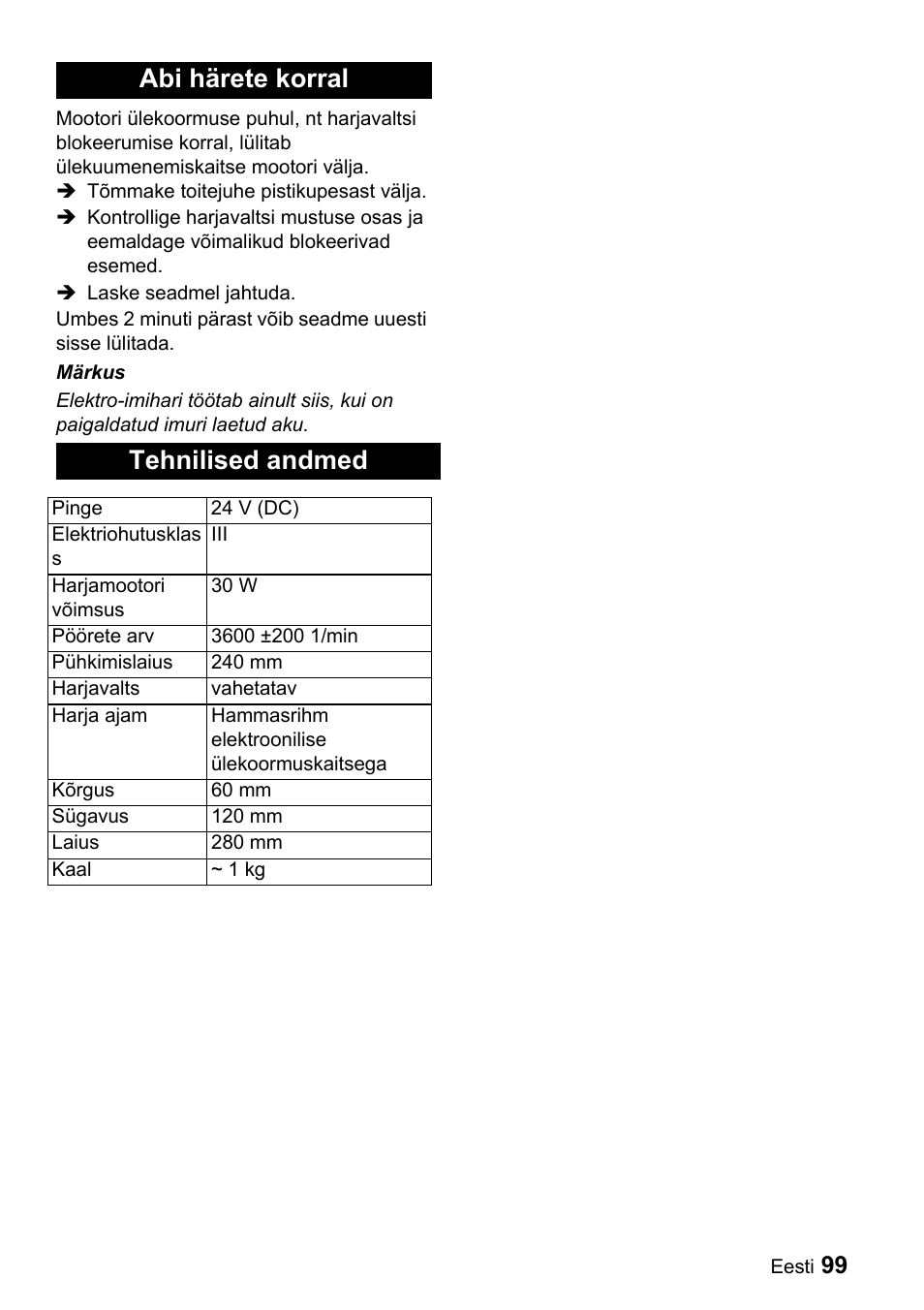 Abi härete korral tehnilised andmed | Karcher T 9-1 Bp User Manual | Page 99 / 112