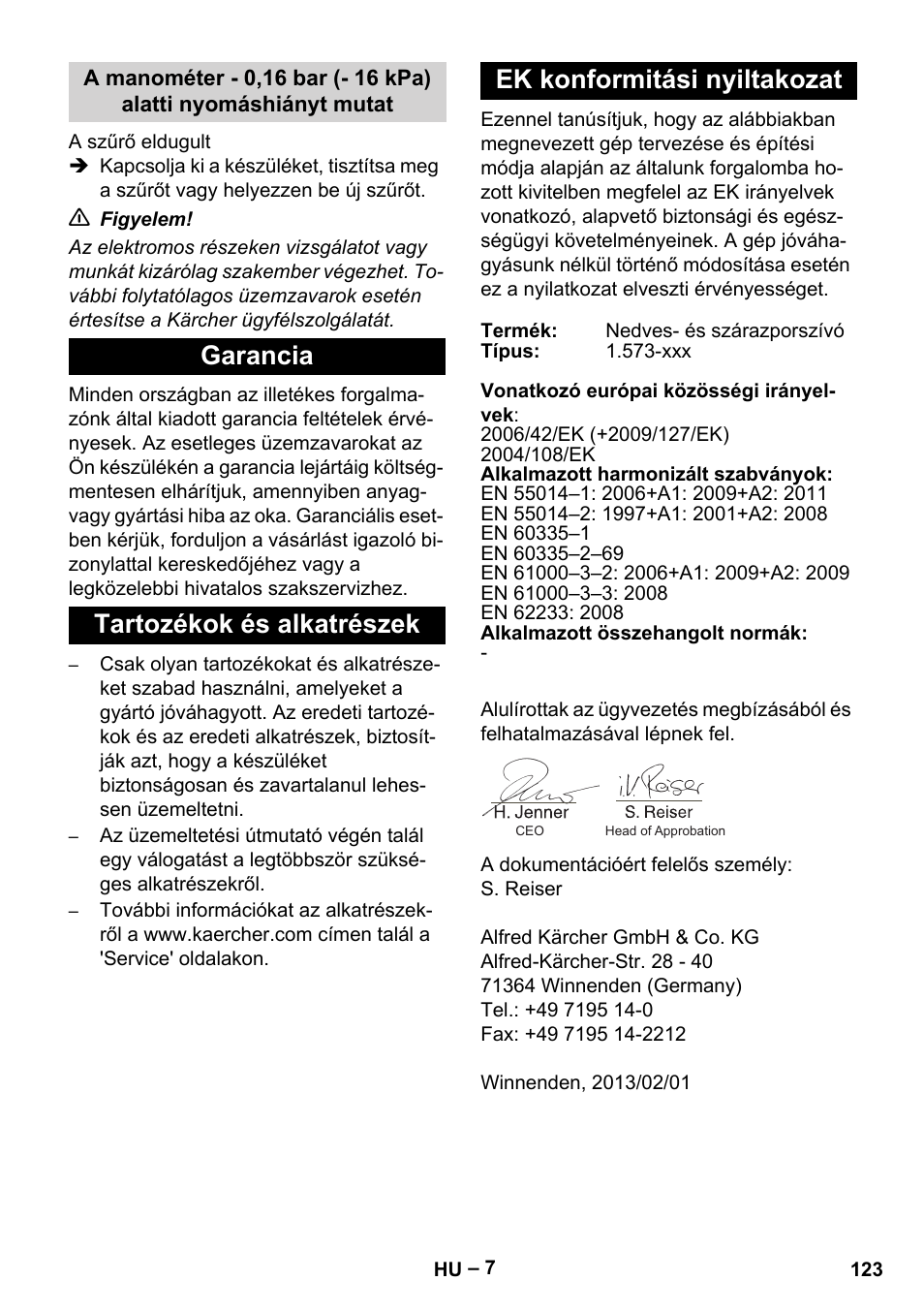 Garancia, Tartozékok és alkatrészek, Ek konformitási nyiltakozat | Karcher IV 60-36-3 W User Manual | Page 123 / 224