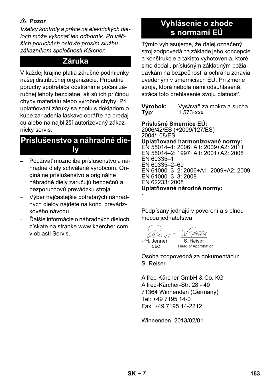 Záruka, Príslušenstvo a náhradné diely, Vyhlásenie o zhode s normami eú | Karcher IV 60-36-3 W User Manual | Page 163 / 224