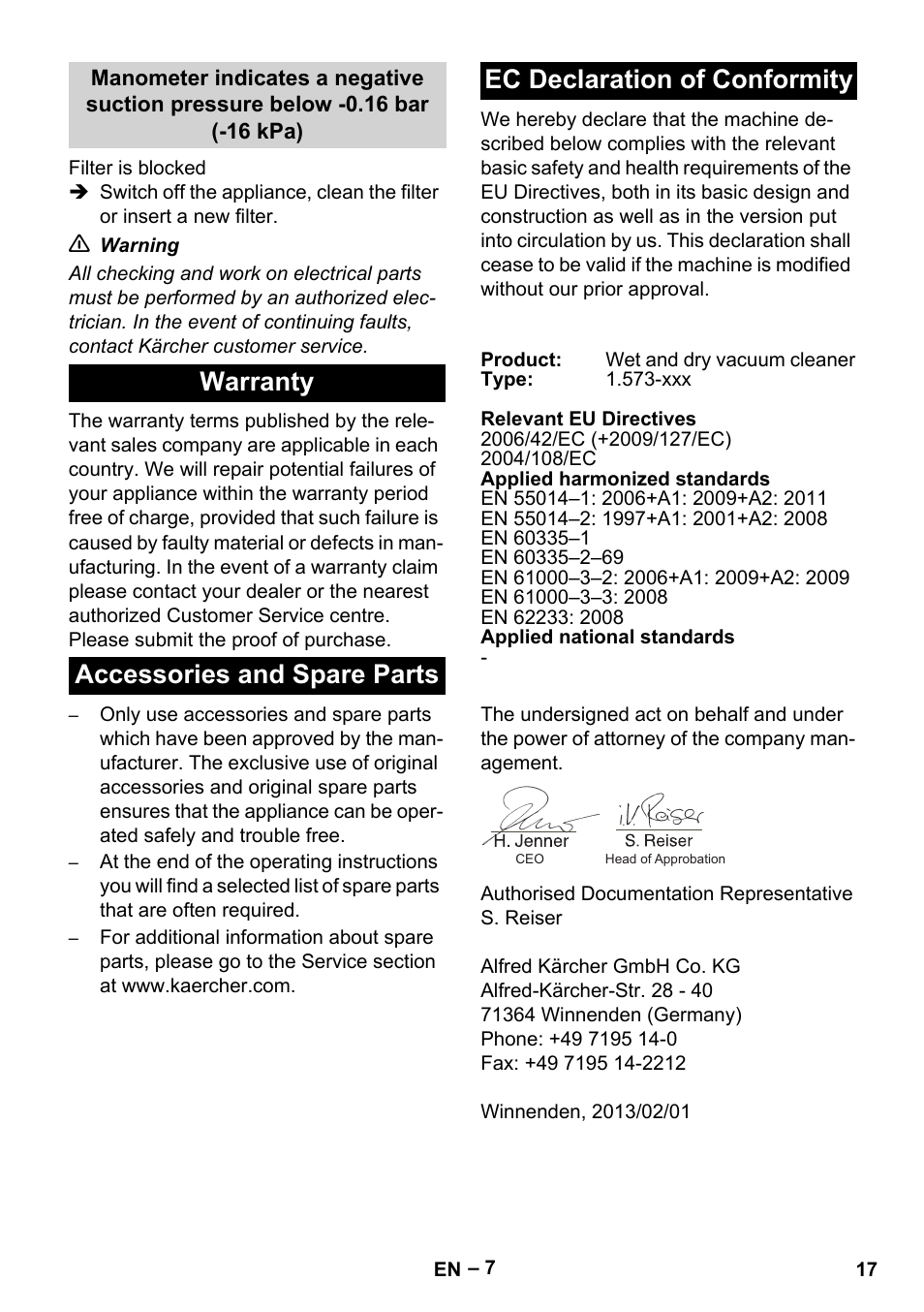 Warranty, Accessories and spare parts, Ec declaration of conformity | Karcher IV 60-36-3 W User Manual | Page 17 / 224