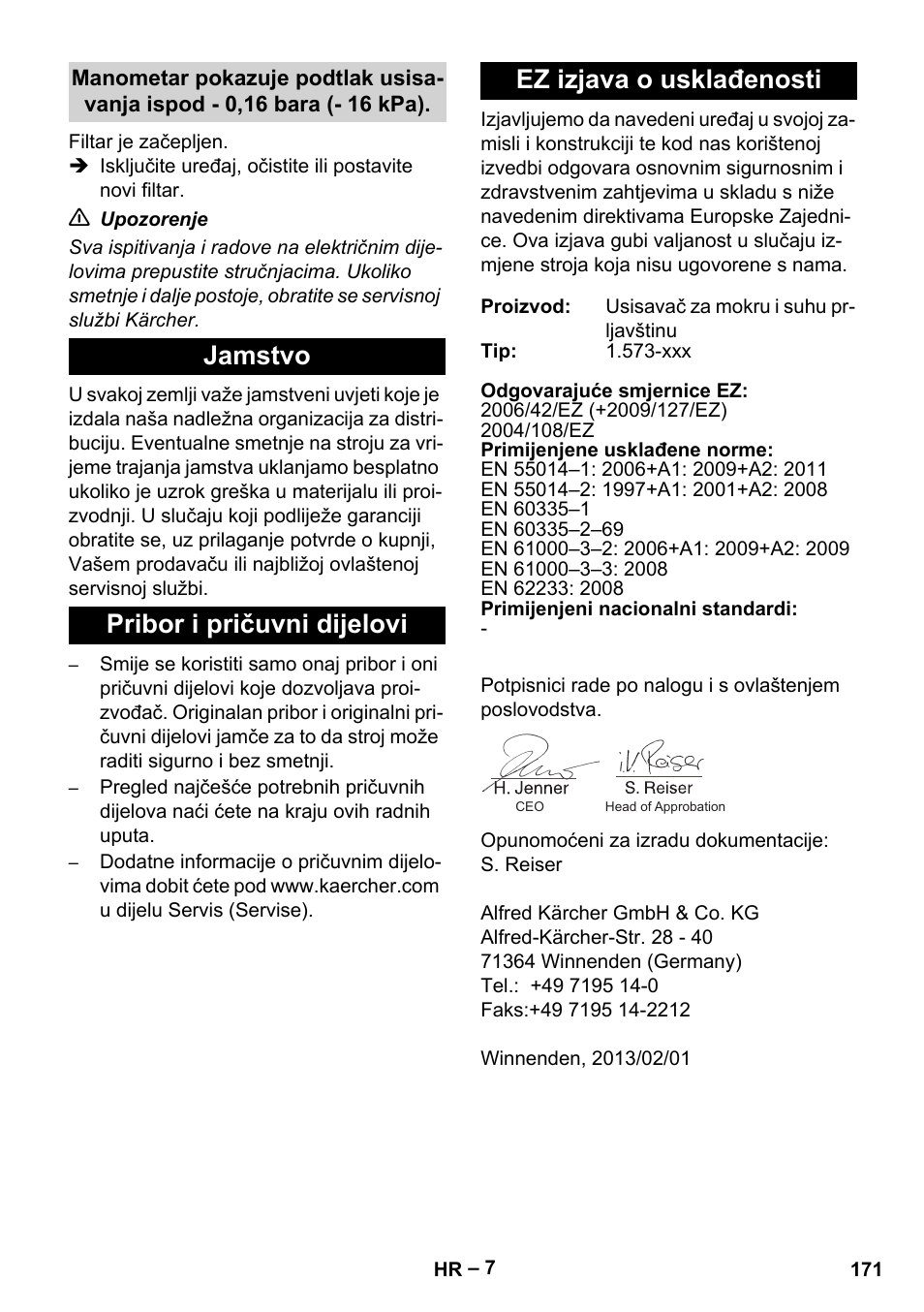 Jamstvo, Pribor i pričuvni dijelovi, Ez izjava o usklađenosti | Karcher IV 60-36-3 W User Manual | Page 171 / 224