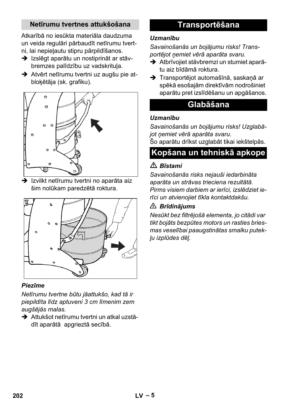 Netīrumu tvertnes attukšošana, Transportēšana, Glabāšana | Kopšana un tehniskā apkope | Karcher IV 60-36-3 W User Manual | Page 202 / 224