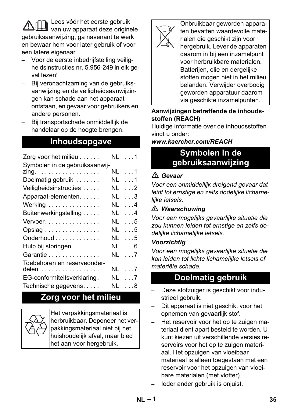Nederlands, Inhoudsopgave, Zorg voor het milieu | Symbolen in de gebruiksaanwijzing, Doelmatig gebruik | Karcher IV 60-36-3 W User Manual | Page 35 / 224
