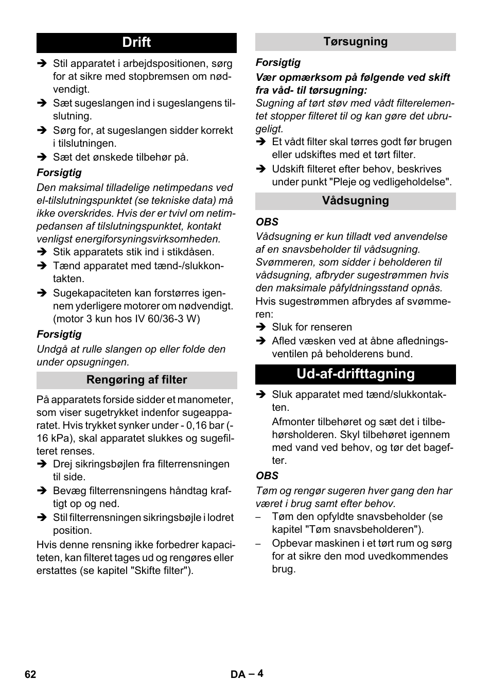 Drift, Rengøring af filter, Tørsugning | Vådsugning, Ud-af-drifttagning | Karcher IV 60-36-3 W User Manual | Page 62 / 224