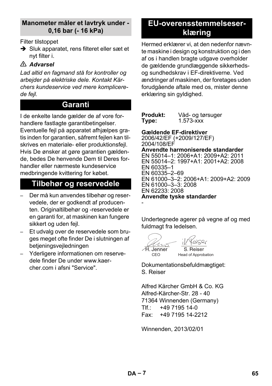 Garanti, Tilbehør og reservedele, Eu-overensstemmelseserklæring | Karcher IV 60-36-3 W User Manual | Page 65 / 224