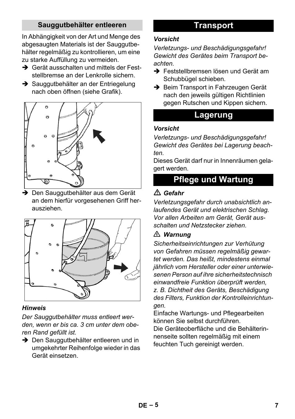 Sauggutbehälter entleeren, Transport, Lagerung | Pflege und wartung, Transport lagerung pflege und wartung | Karcher IV 60-36-3 W User Manual | Page 7 / 224