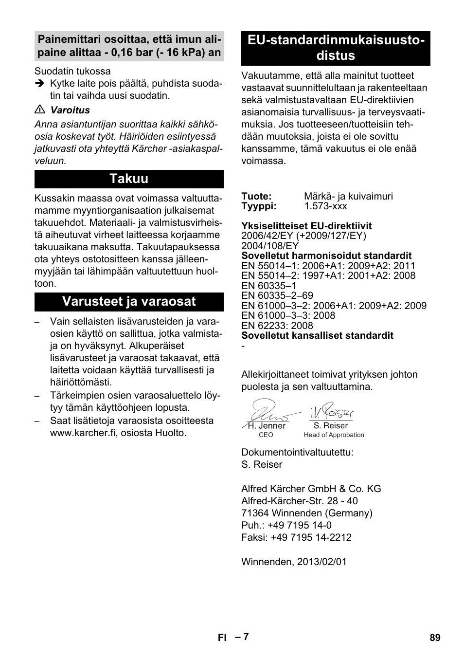 Takuu, Varusteet ja varaosat, Eu-standardinmukaisuustodistus | Karcher IV 60-36-3 W User Manual | Page 89 / 224