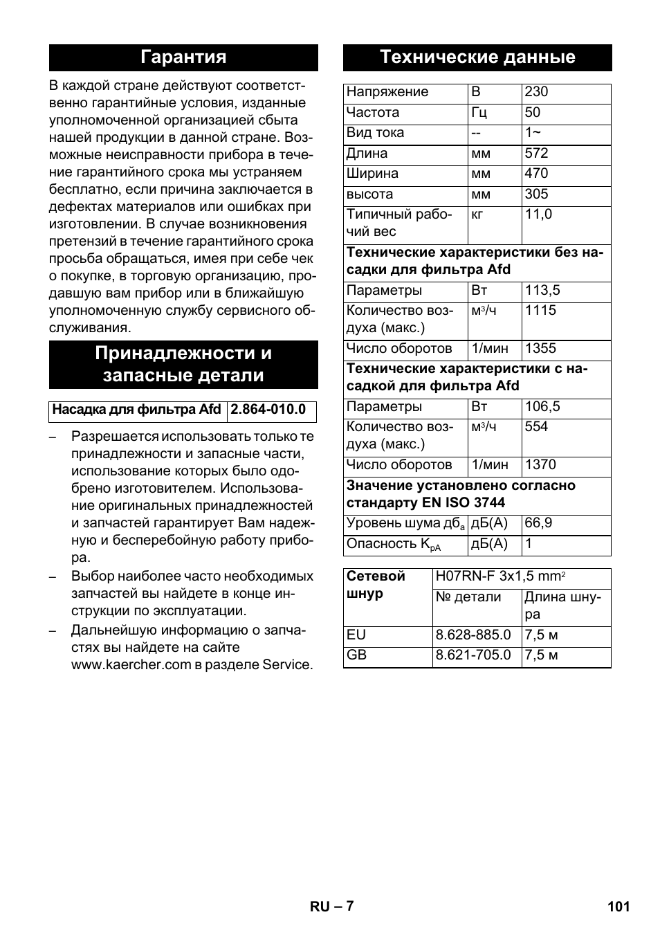 Гарантия принадлежности и запасные детали, Технические данные | Karcher AB 20 User Manual | Page 101 / 204