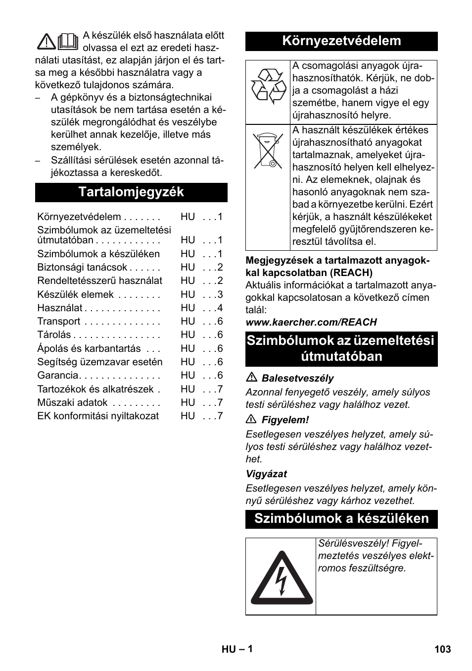 Magyar, Tartalomjegyzék, Környezetvédelem | Karcher AB 20 User Manual | Page 103 / 204