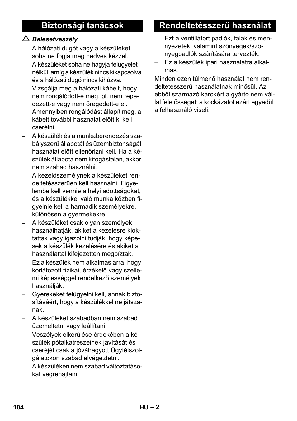 Biztonsági tanácsok rendeltetésszerű használat | Karcher AB 20 User Manual | Page 104 / 204
