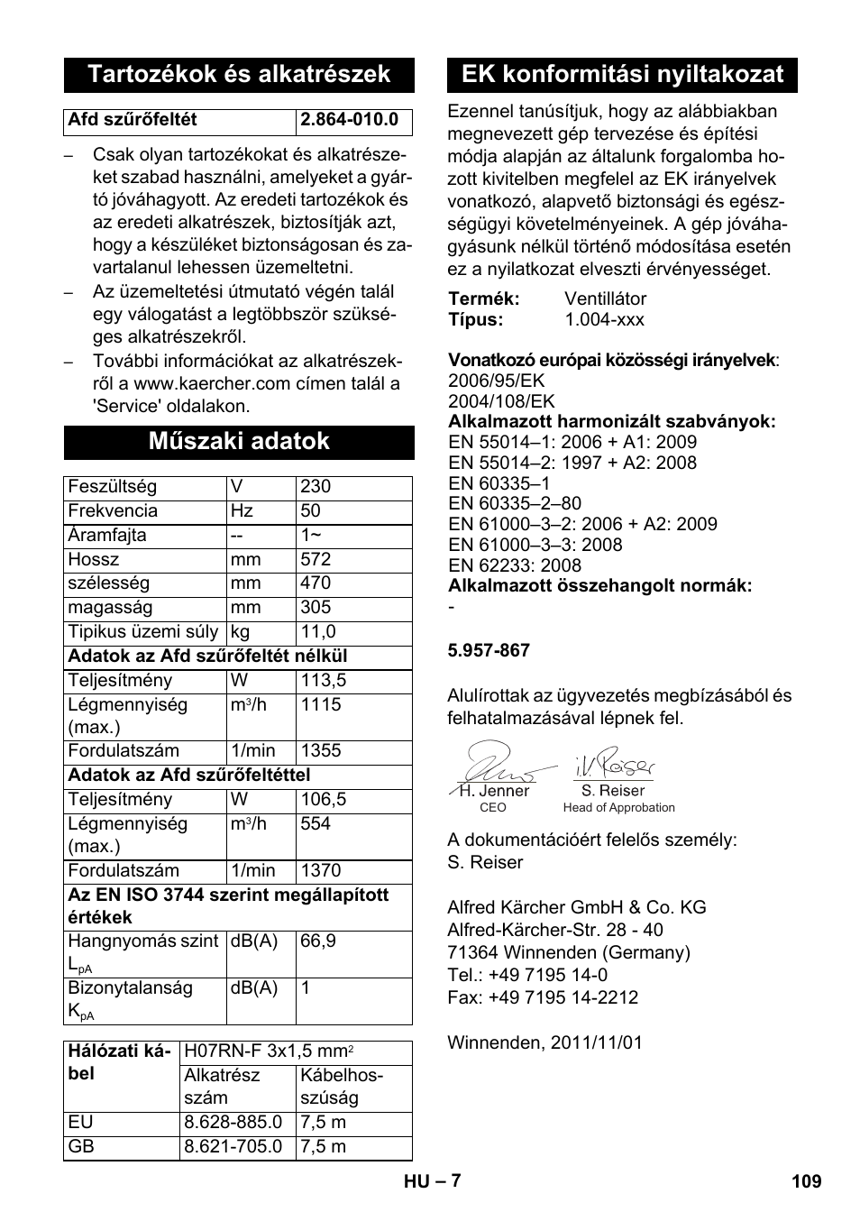 Tartozékok és alkatrészek, Műszaki adatok, Ek konformitási nyiltakozat | Karcher AB 20 User Manual | Page 109 / 204