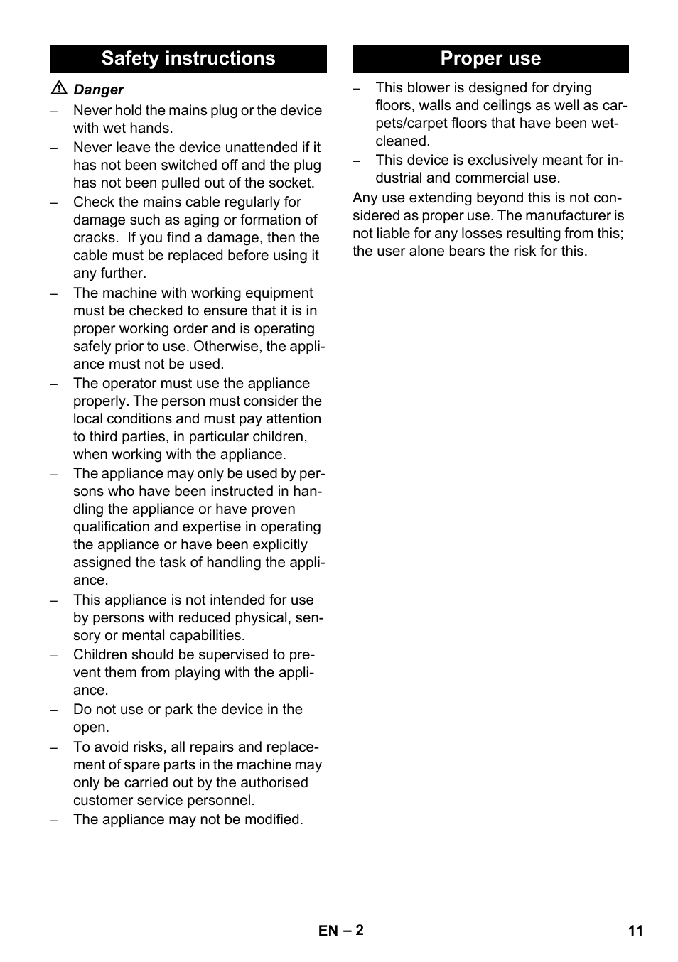 Safety instructions proper use | Karcher AB 20 User Manual | Page 11 / 204