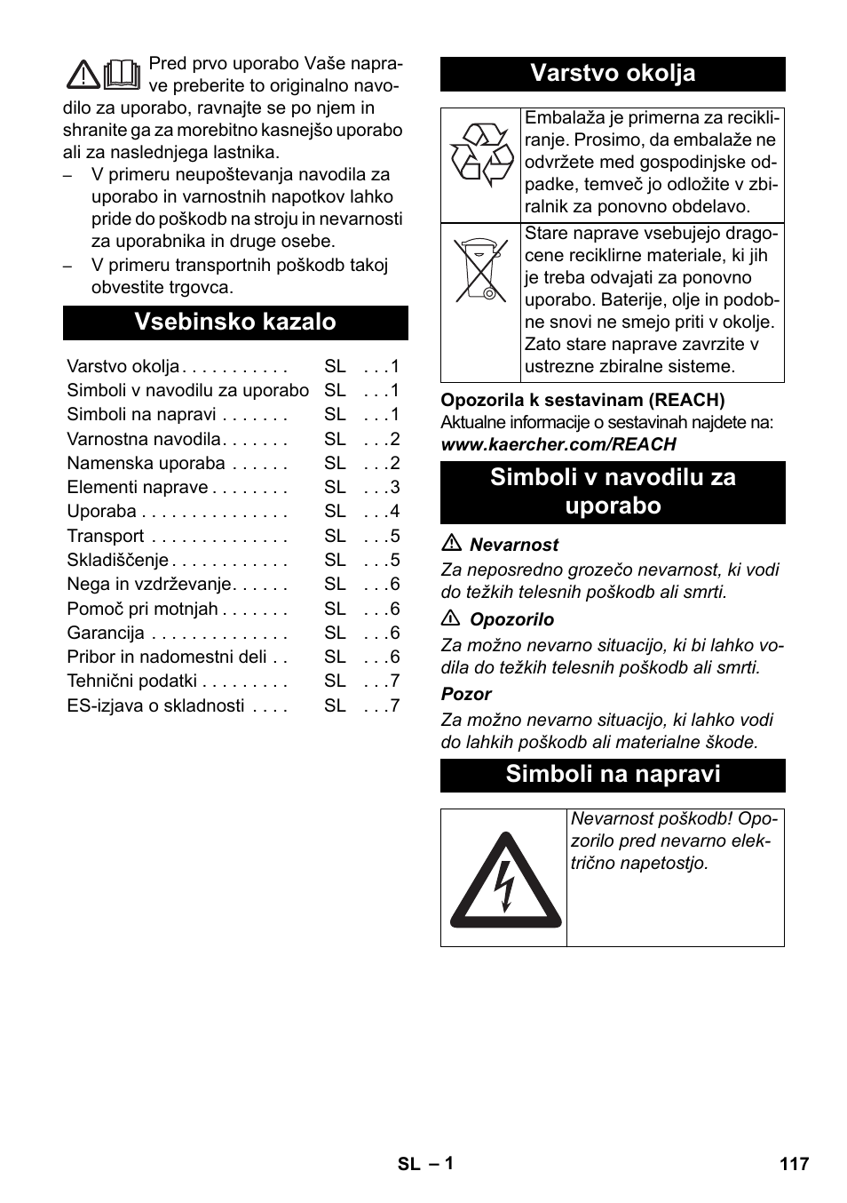 Slovenščina, Slovenšina, Vsebinsko kazalo | Varstvo okolja, Simboli v navodilu za uporabo simboli na napravi | Karcher AB 20 User Manual | Page 117 / 204