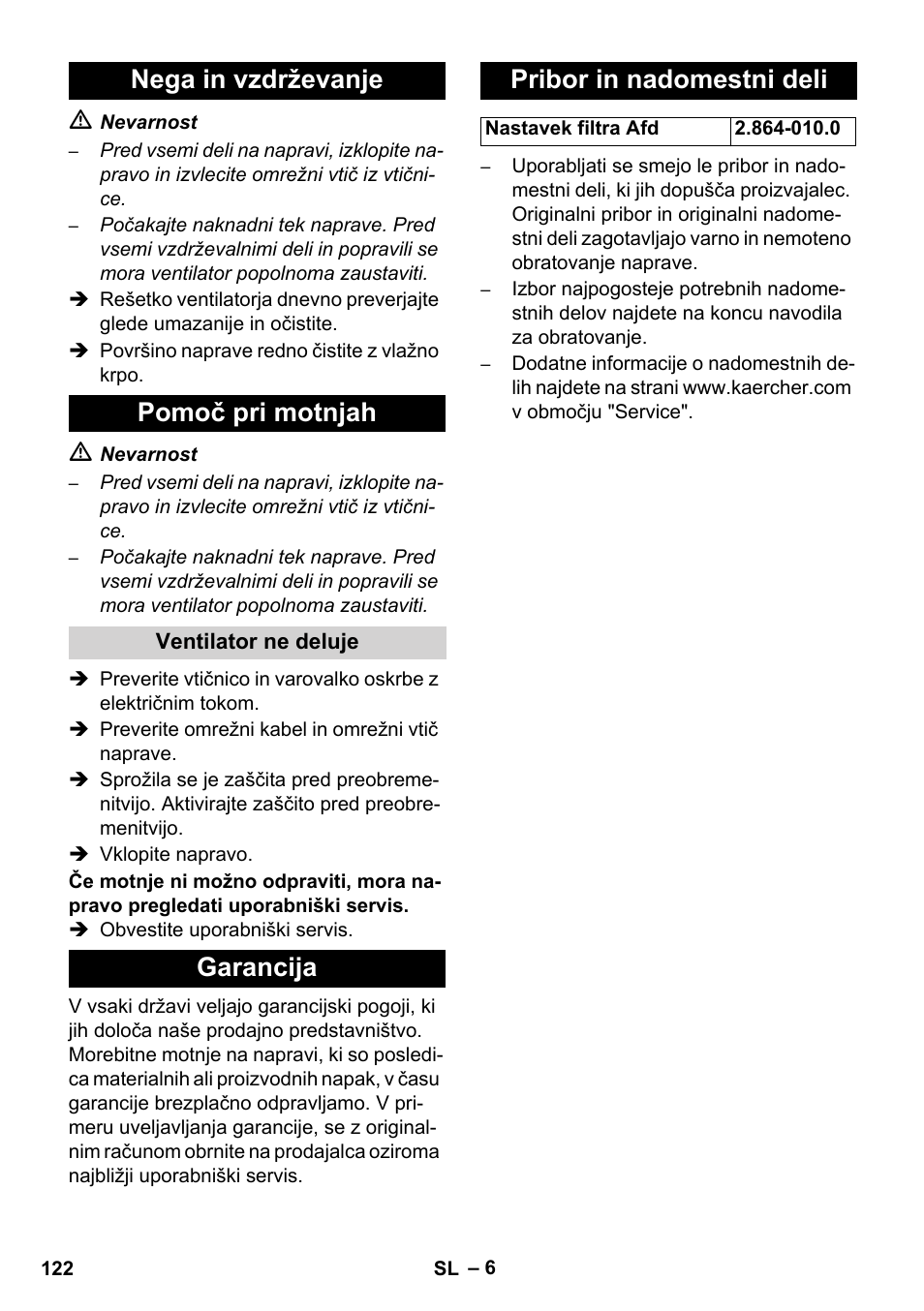 Nega in vzdrževanje pomoč pri motnjah, Garancija pribor in nadomestni deli | Karcher AB 20 User Manual | Page 122 / 204