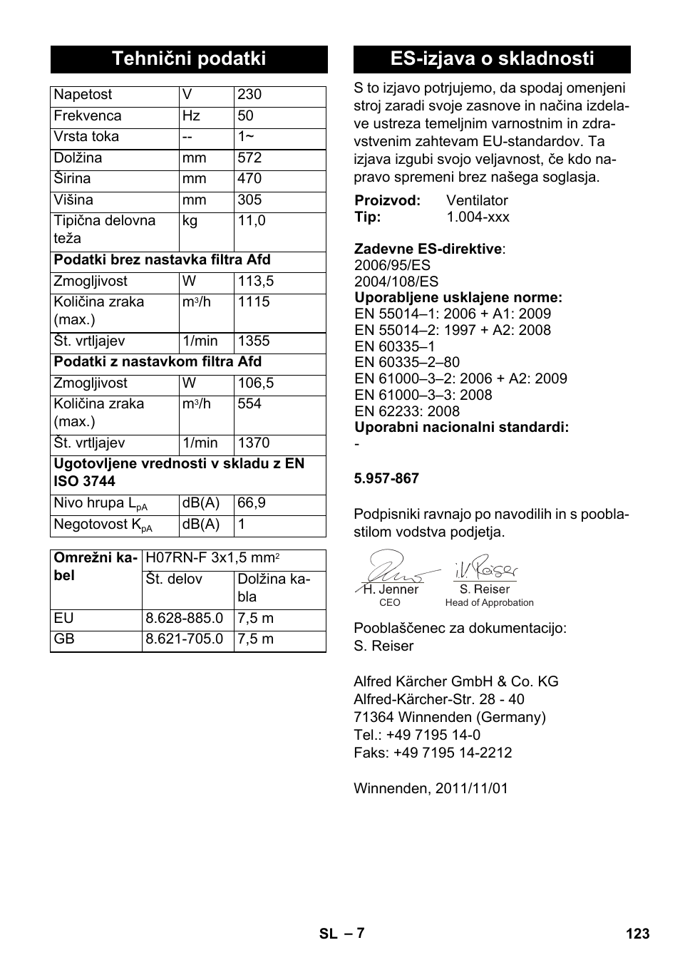 Tehnični podatki, Es-izjava o skladnosti | Karcher AB 20 User Manual | Page 123 / 204