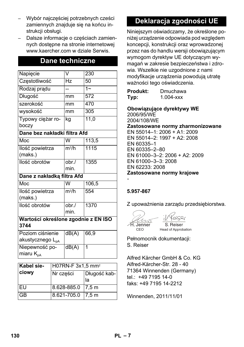 Dane techniczne, Deklaracja zgodności ue | Karcher AB 20 User Manual | Page 130 / 204