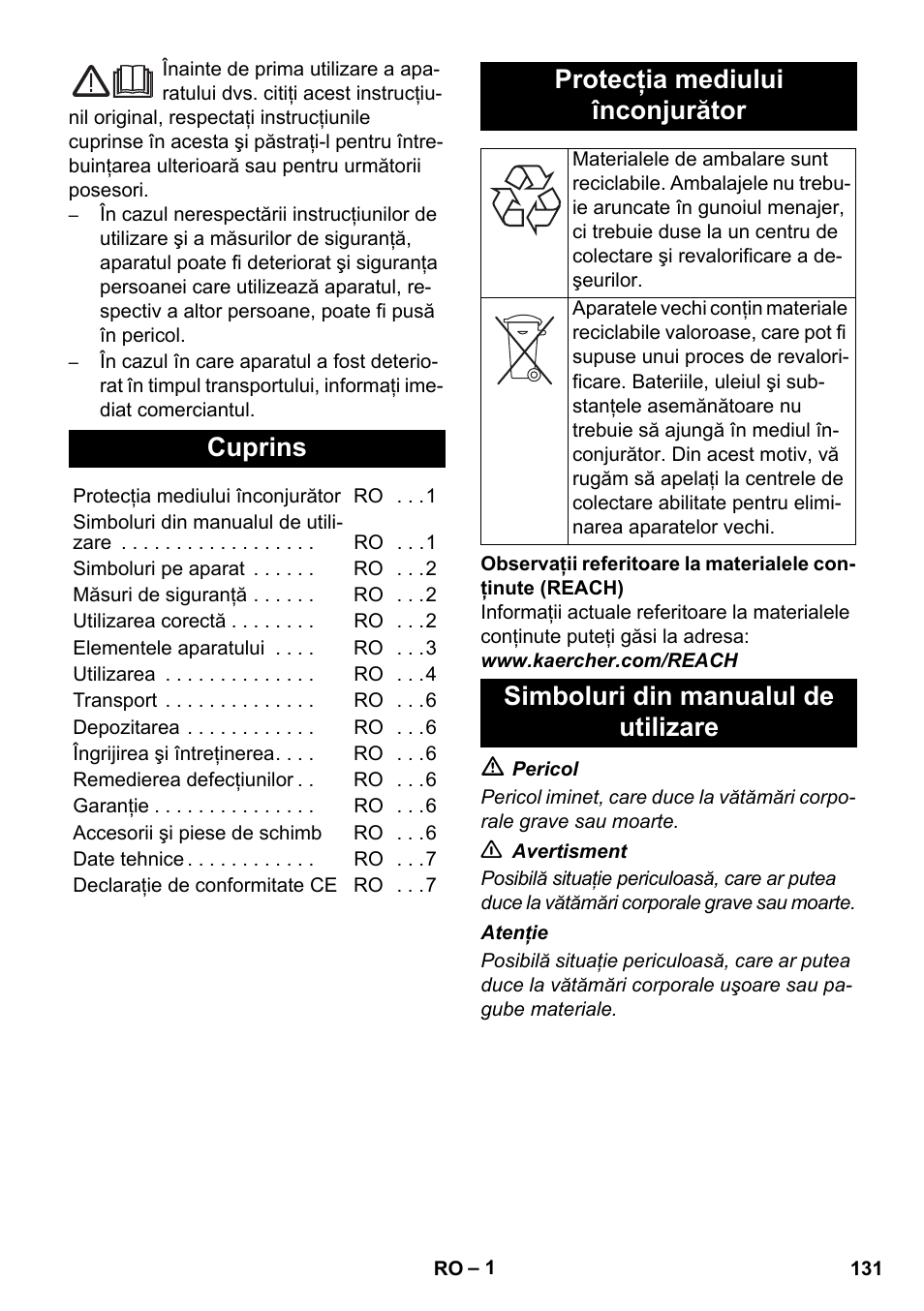 Româneşte, Românete, Cuprins | Protecţia mediului înconjurător, Simboluri din manualul de utilizare | Karcher AB 20 User Manual | Page 131 / 204