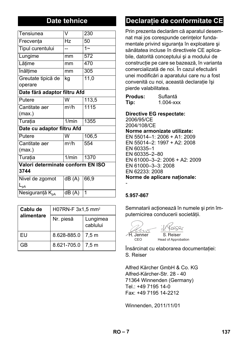 Date tehnice, Declaraţie de conformitate ce | Karcher AB 20 User Manual | Page 137 / 204